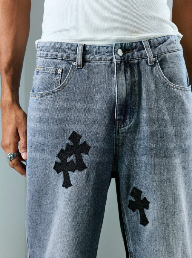 Men’s Streetwear Cross Print Denim Jeans