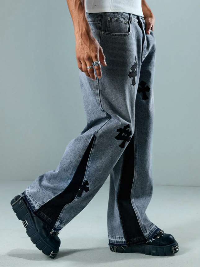 Men’s Streetwear Cross Print Denim Jeans